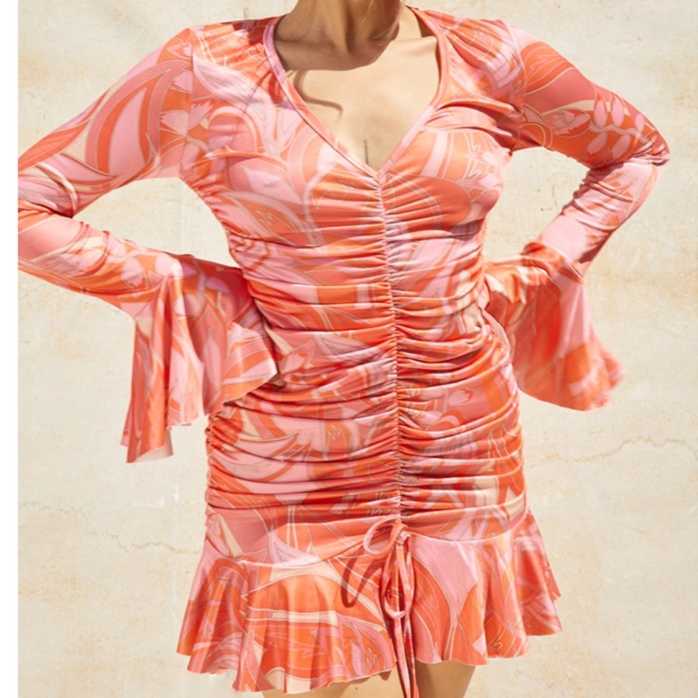 Ruched Front Flare Sleeve Bodycon Dress